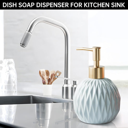 Ceramics Gold Soap Dispenser for Bathroom, Relief Soap Dispenser for Kitchen Sink, 400ml/13.5Oz Refillable Liquid Hand Soap Bottle with Gold Pump (Gray Blue).