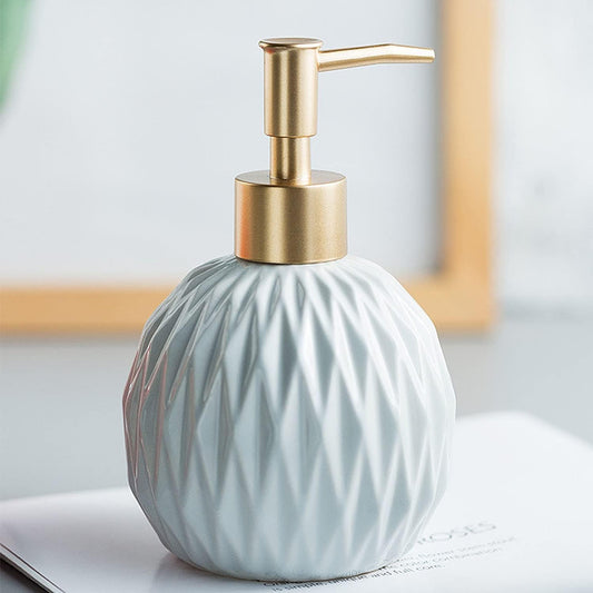 Ceramics Gold Soap Dispenser for Bathroom, Relief Soap Dispenser for Kitchen Sink, 400ml/13.5Oz Refillable Liquid Hand Soap Bottle with Gold Pump (Gray Blue).