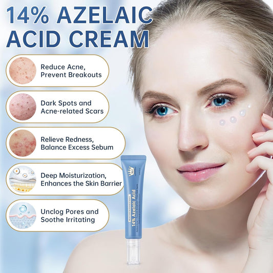 Azelaic Acid 14% Acne Cream for Redness Relief, Dark Spots, Facial Serum with Niacinamide & Vitamin C Prevent Acne Breakouts, Azelaic Acid Serum for Balance Excess Sebum & Soothe Irritation, 1 Oz.