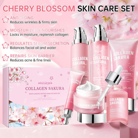 Collagen Sakura Skincare Gift Set, Cherry Blossom Skin Care Set for Teen Girls & Women, Moisturizing & Revitalizing Skin, 6Pcs Collagen Skin Care Routine Kits for Face, Korean Daily Skin Care