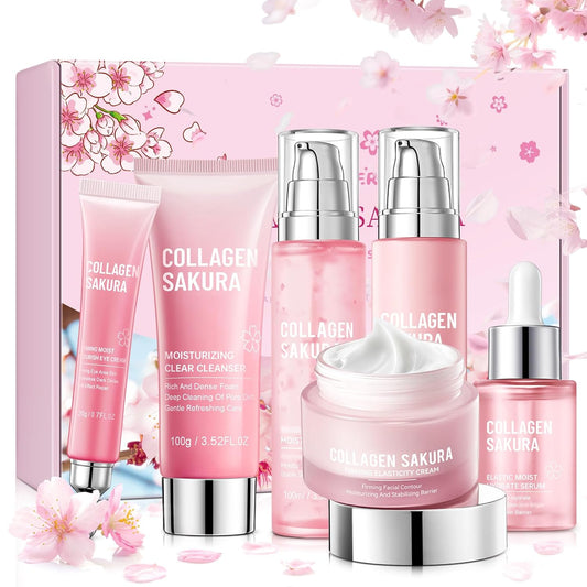 Collagen Sakura Skincare Gift Set, Cherry Blossom Skin Care Set for Teen Girls & Women, Moisturizing & Revitalizing Skin, 6Pcs Collagen Skin Care Routine Kits for Face, Korean Daily Skin Care